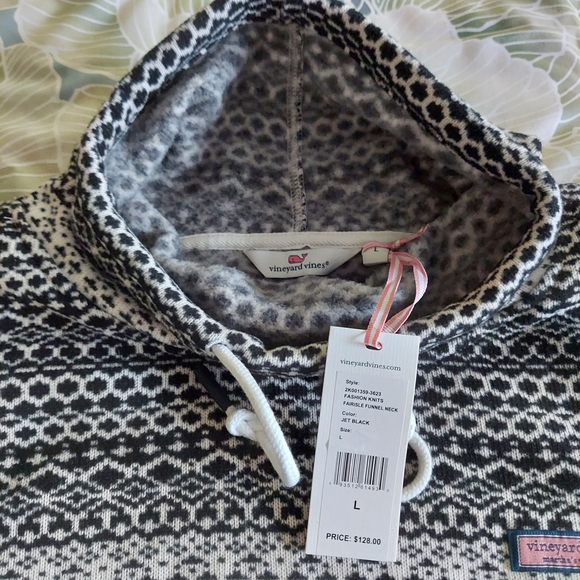 Vineyard Vines Black and White Fair Isle Sweater Fleece Funnel Neck - Picture 2 of 6